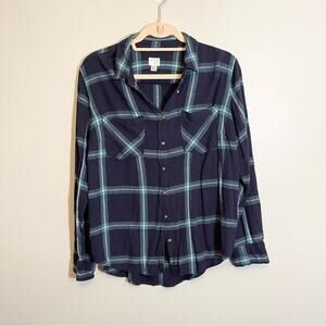 A New Day Plaid Collared Long Sleeve Front Pockets Button Down Shirt Blue XXL